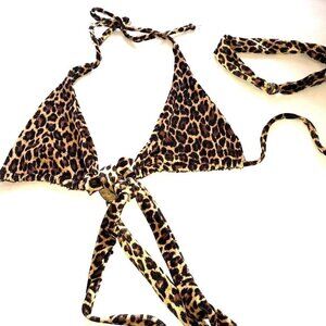 Velvet Bikini Top Cheetah Print with Wooden Boho Gem and Wrap Straps & Choker